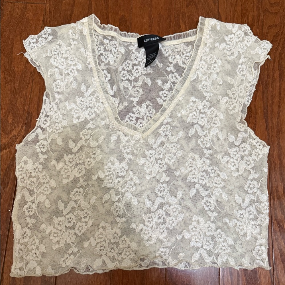 Y2K Express Coquette lace sheer cropped blouse women’s‎ large